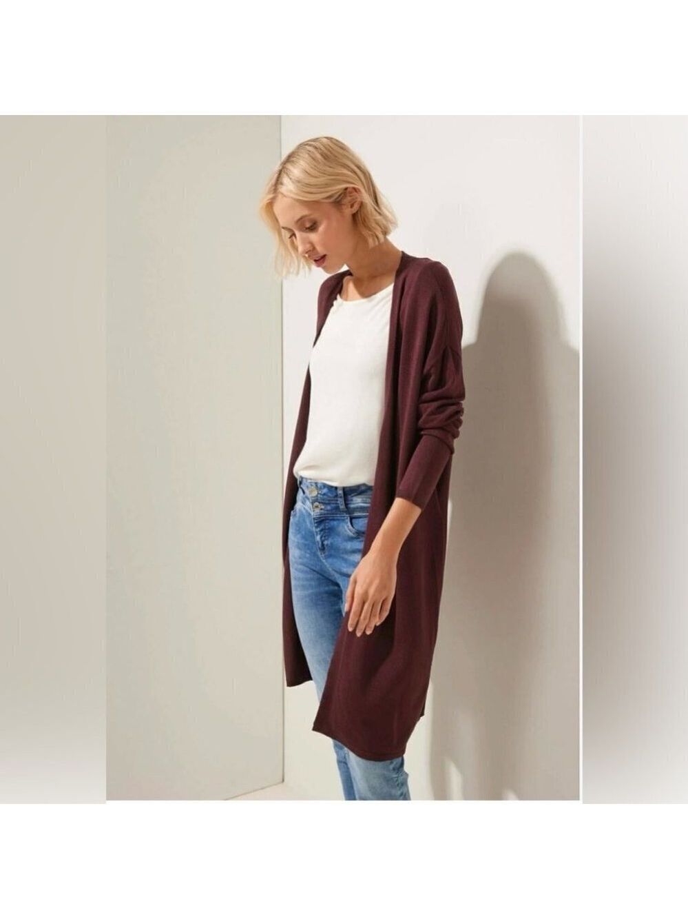 * Bellina Burgundy Italian Wool and Cashmere Longline Open Front Cardigan Size L